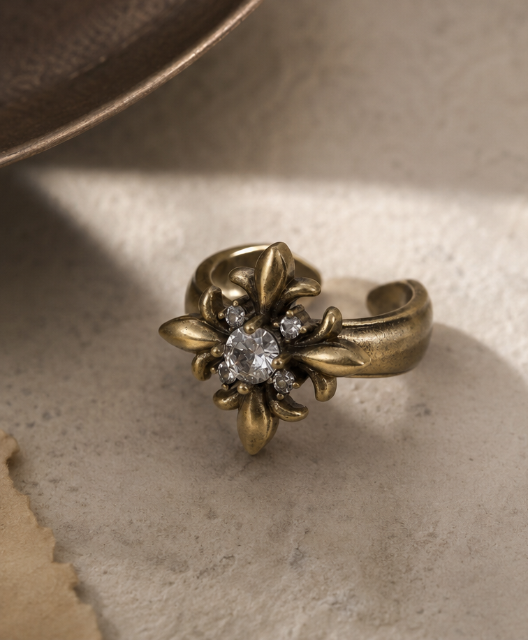 Vintage Fleur Cross Ring | Antique Gold Open Band Ring