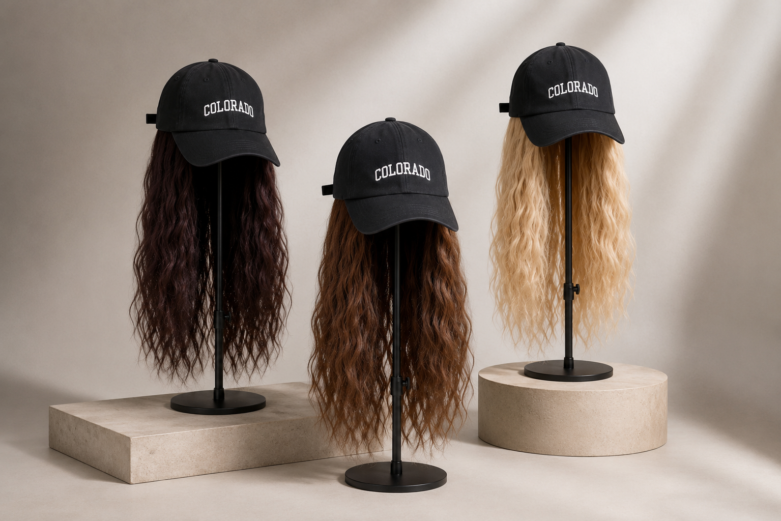 Cap Wig with Loose Water Curl Mermaid Wave | Colorado Baseball Black Cap Edition